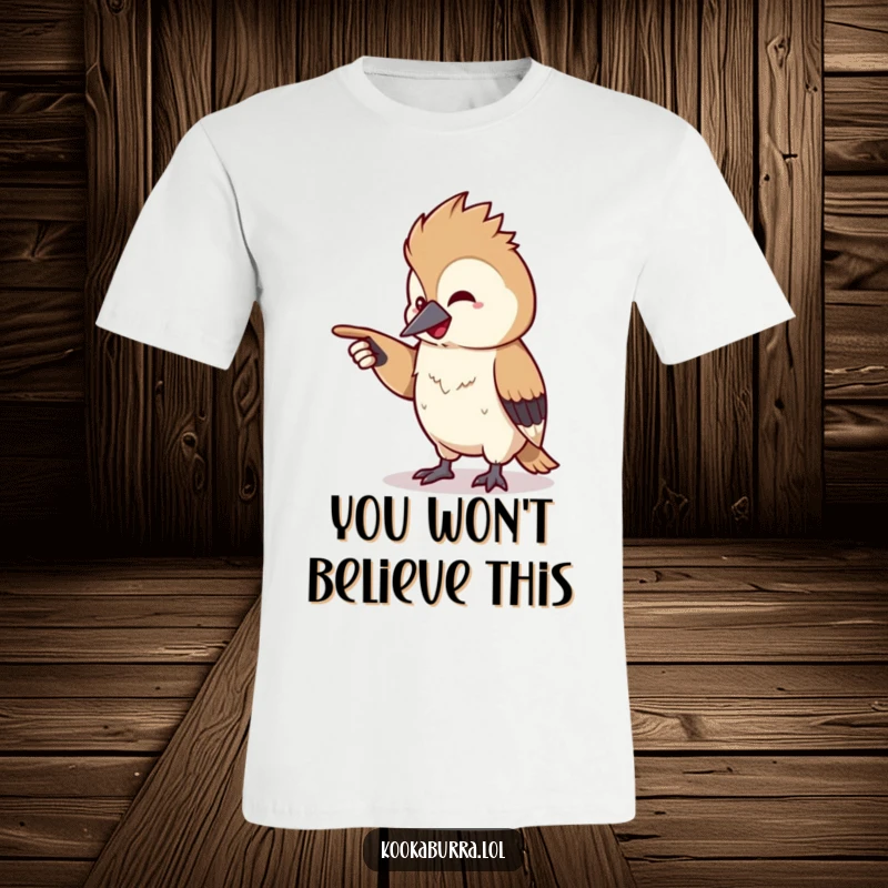 Funny kawaii kookaburra t-shirt with a tiny bird pointing off-screen with a chuckle, perfect for casual, humorous wear.