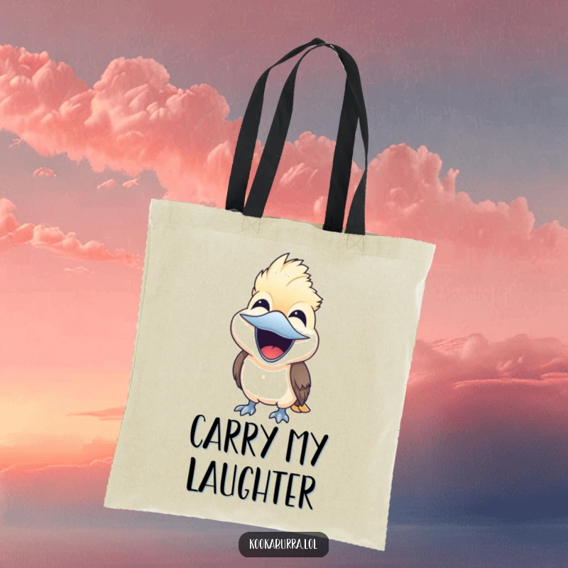 Funny kookaburra bird laughing heartily with beak wide open on a tote bag, cheerful accessory gift.