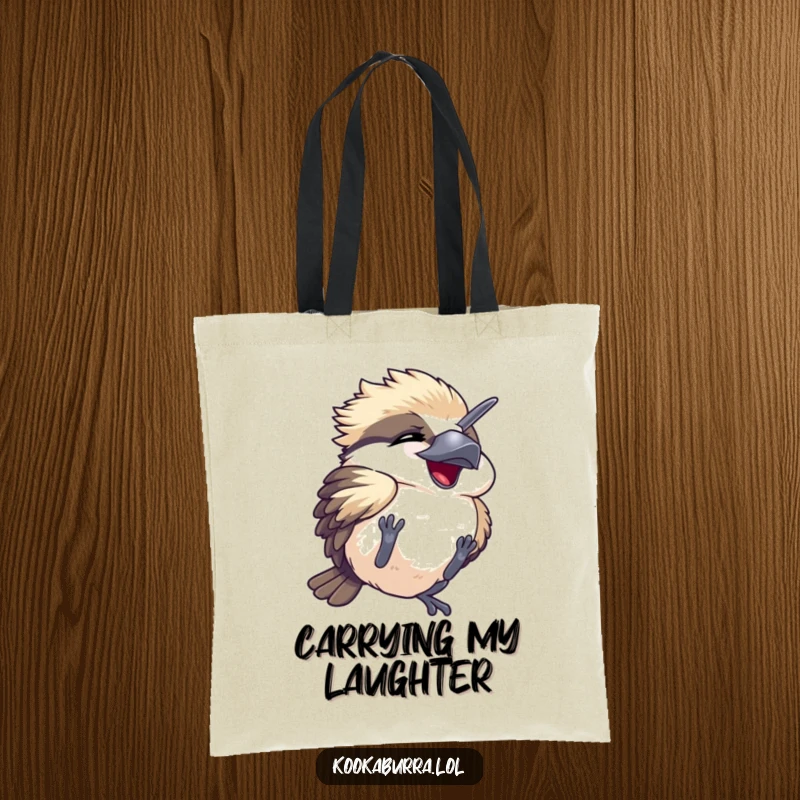 Funny tote bag featuring a kawaii kookaburra hilariously tumbling, eyes shut in sheer, contagious mirth.