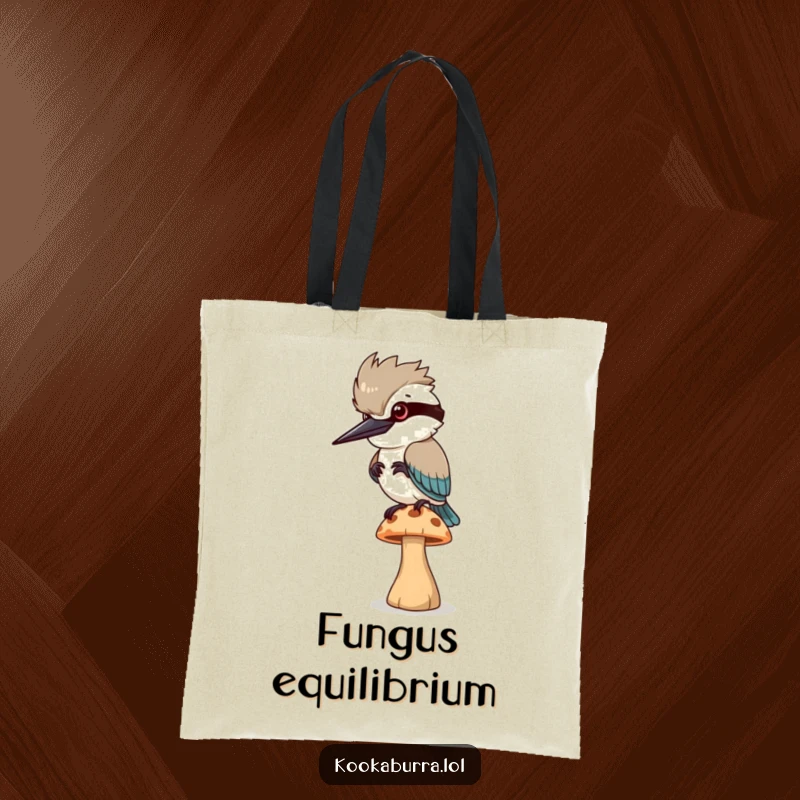 Funny Tote Bag: A kookaburra bird wobbles on a tiny mushroom, its funny attempt at balance captured perfectly.