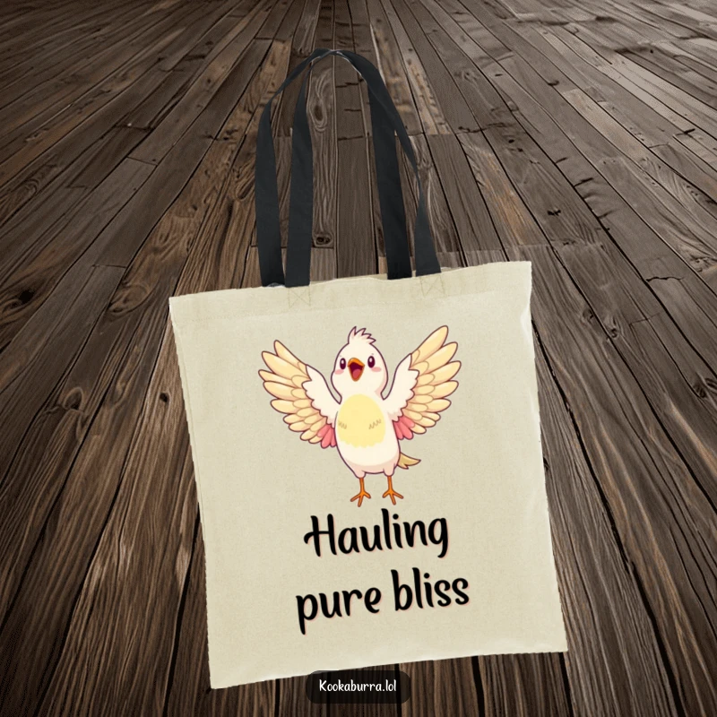 Funny tote bag featuring a bird stretching its wings wide open, bursting with glee, a practical and cheerful accessory for daily use.