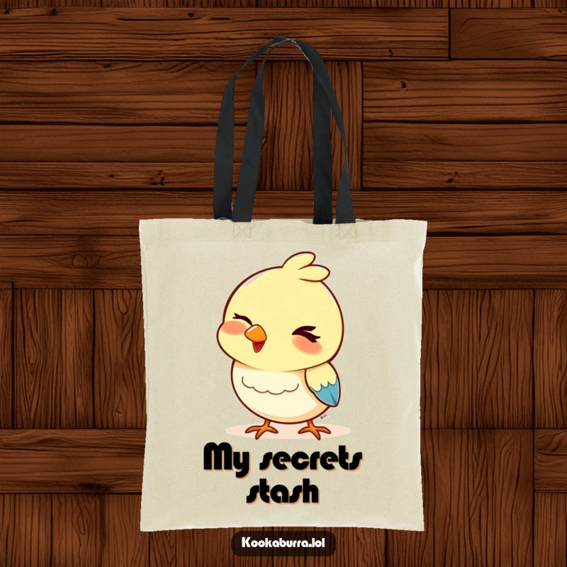 Funny tote bag featuring a bird with a playful wink and a bobbing head, a practical and humorous accessory for carrying daily items.