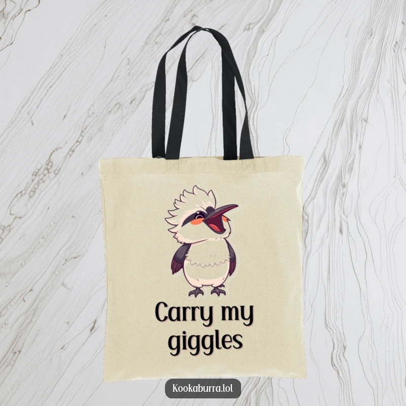 Funny kawaii kookaburra caught in a fit of laughter, head thrown back, on a stylish tote bag.