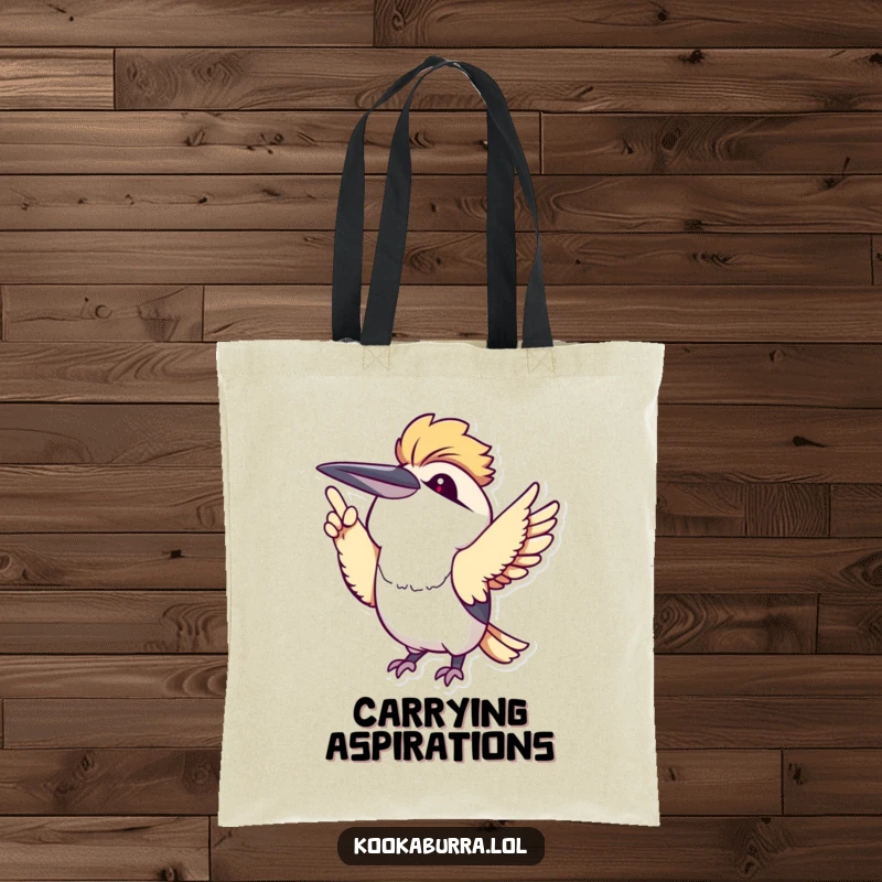 Cute kawaii kookaburra pointing upwards with its wing, printed on a tote bag for a cheerful and inspiring accessory.
