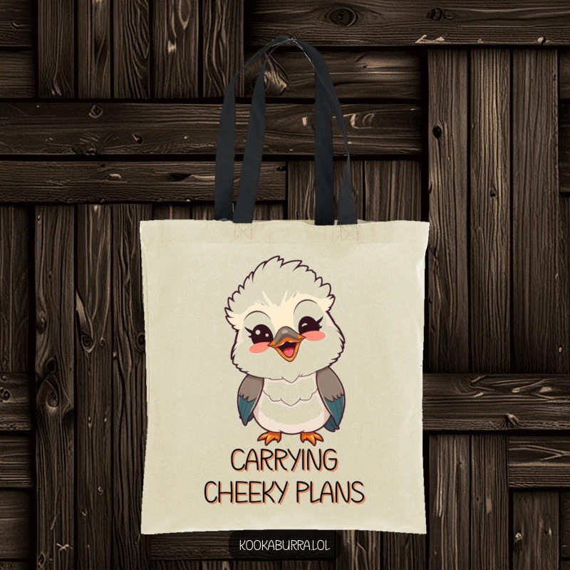 Funny Kawaii Kookaburra tote bag, a cute bird with a playful wink and beaming smile, radiating happiness. Ideal for errands and funny gifts.