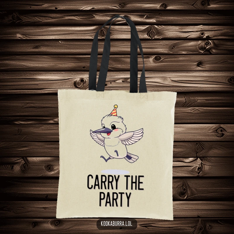 Funny Tote Bag showing a kookaburra in a party hat, mid-jump with joy, perfect for carrying festive essentials.