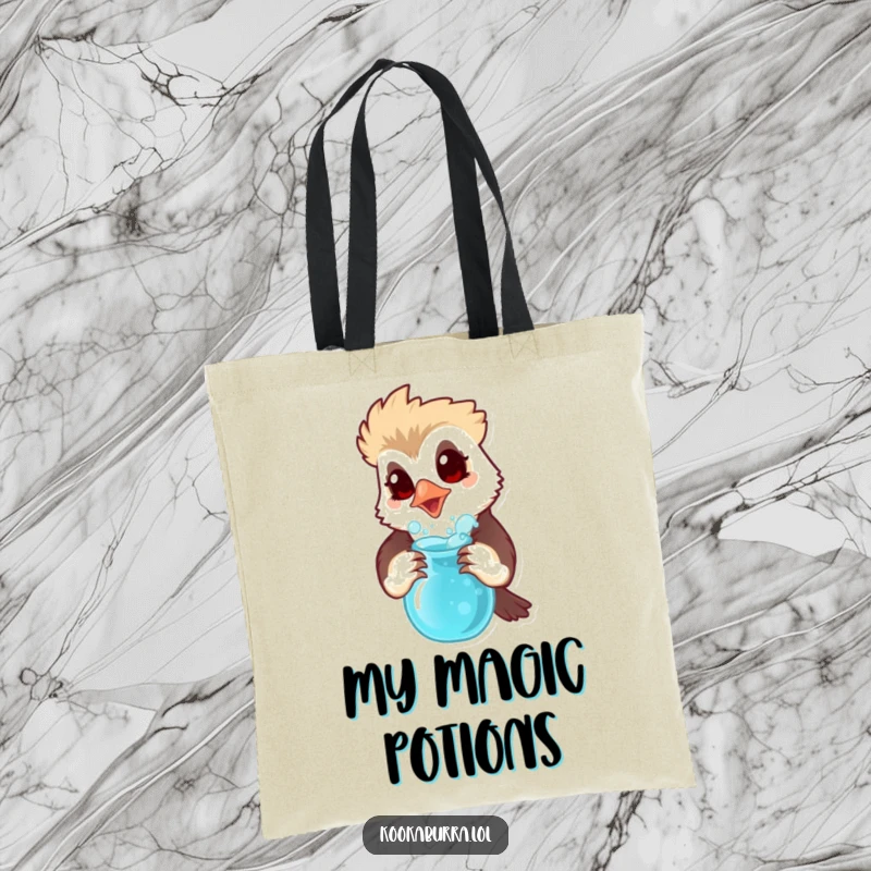 Funny tote bag with a kookaburra looking surprised while holding a bubbling potion, great for carrying supplies.