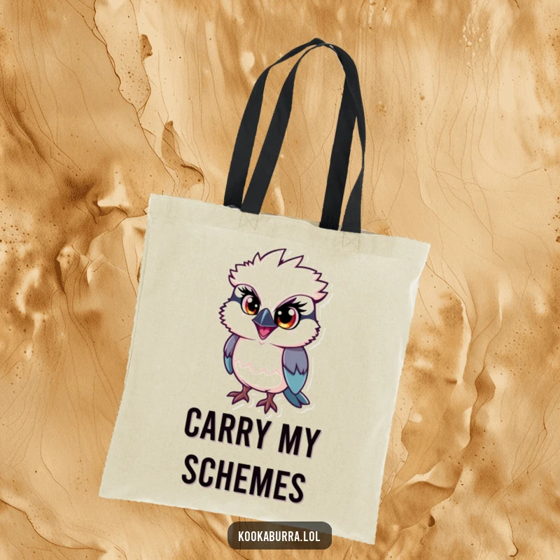 Funny kookaburra tote bag, a bird with one large eye sparkling with mischief, perfect for stylish and humorous carrying.