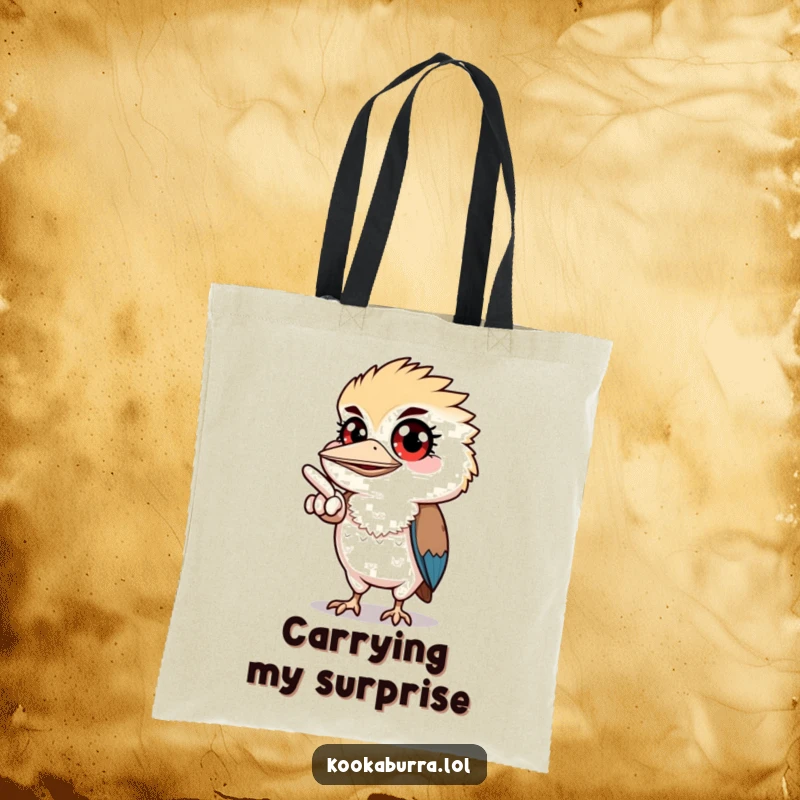 Funny tote bag depicting a kookaburra with wide, expressive eyes pointing off-screen, perfect for carrying curiosities.
