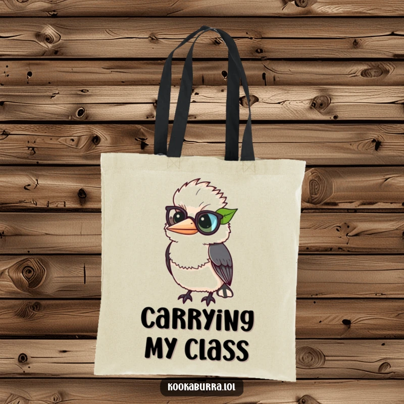 Funny kookaburra comically wearing a leaf as a monocle, a stylish and humorous tote bag design.