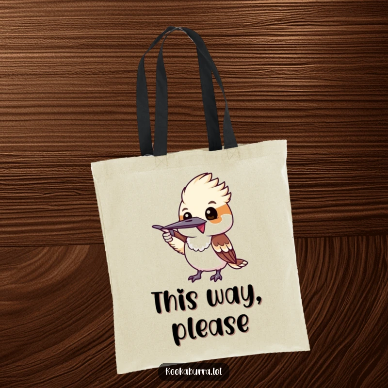 Funny kookaburra excitedly pointing with its wing, a humorous and functional tote bag design.