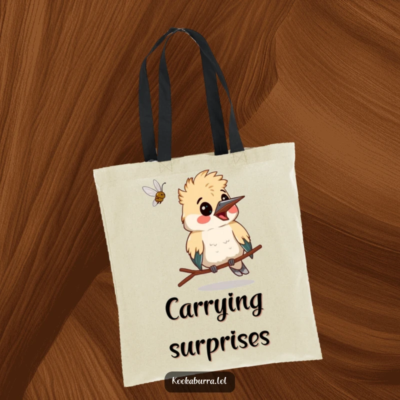 Funny kookaburra making a surprised face as a bug flies past, a humorous and relatable tote bag design.