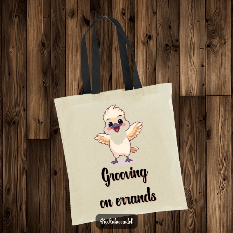 Funny kawaii kookaburra tote bag with a happy bird doing a lively dance with spread wings, ideal for stylish and humorous everyday use.