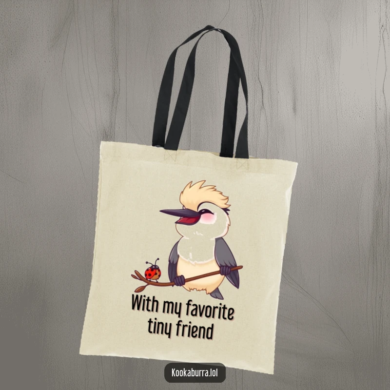 Funny Kookaburra and Ladybug Tote Bag: A spacious tote showcasing a kookaburra and ladybug sharing a huge, hilarious laugh, great for shoppers.